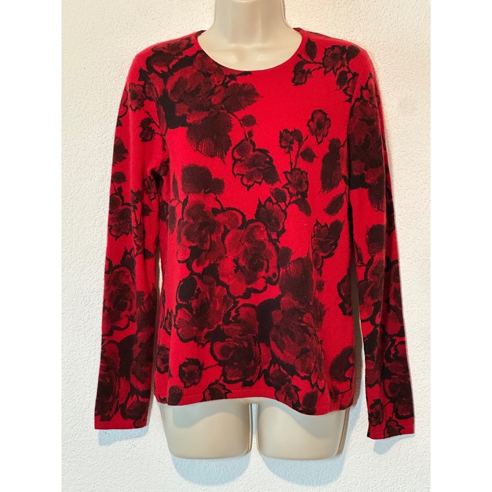 Charter Club Womens Red Black Floral Rose 100% Cashmere 2-Ply Sweater Medium